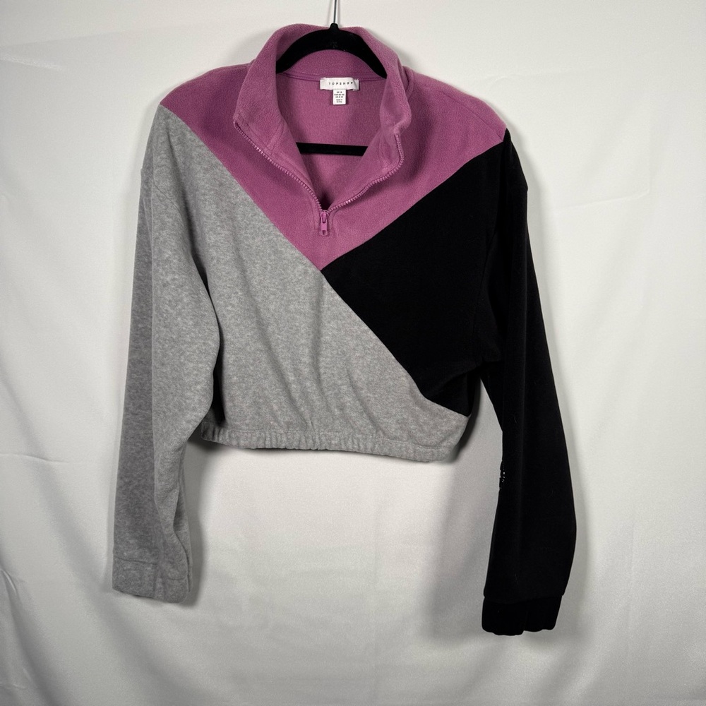 Topshop Pink and Black Colorblock Fleece Quarter-Zip Half Zip Cropped Sz‎ 8-10 M